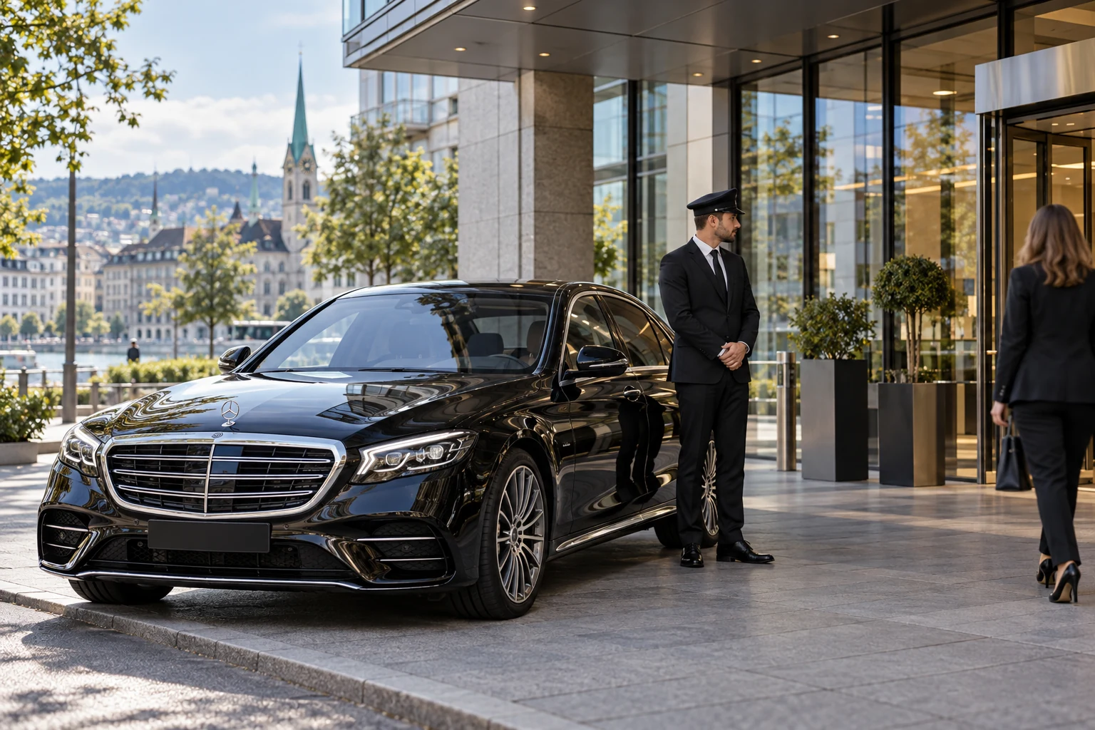 Chauffeurfahrzeug wartet an einem vereinbarten Abholpunkt vor einem Büro in Zürich