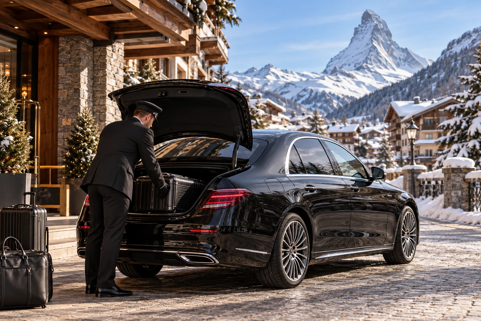 Luggage being placed in the boot of a Mercedes-Benz chauffeur vehicle