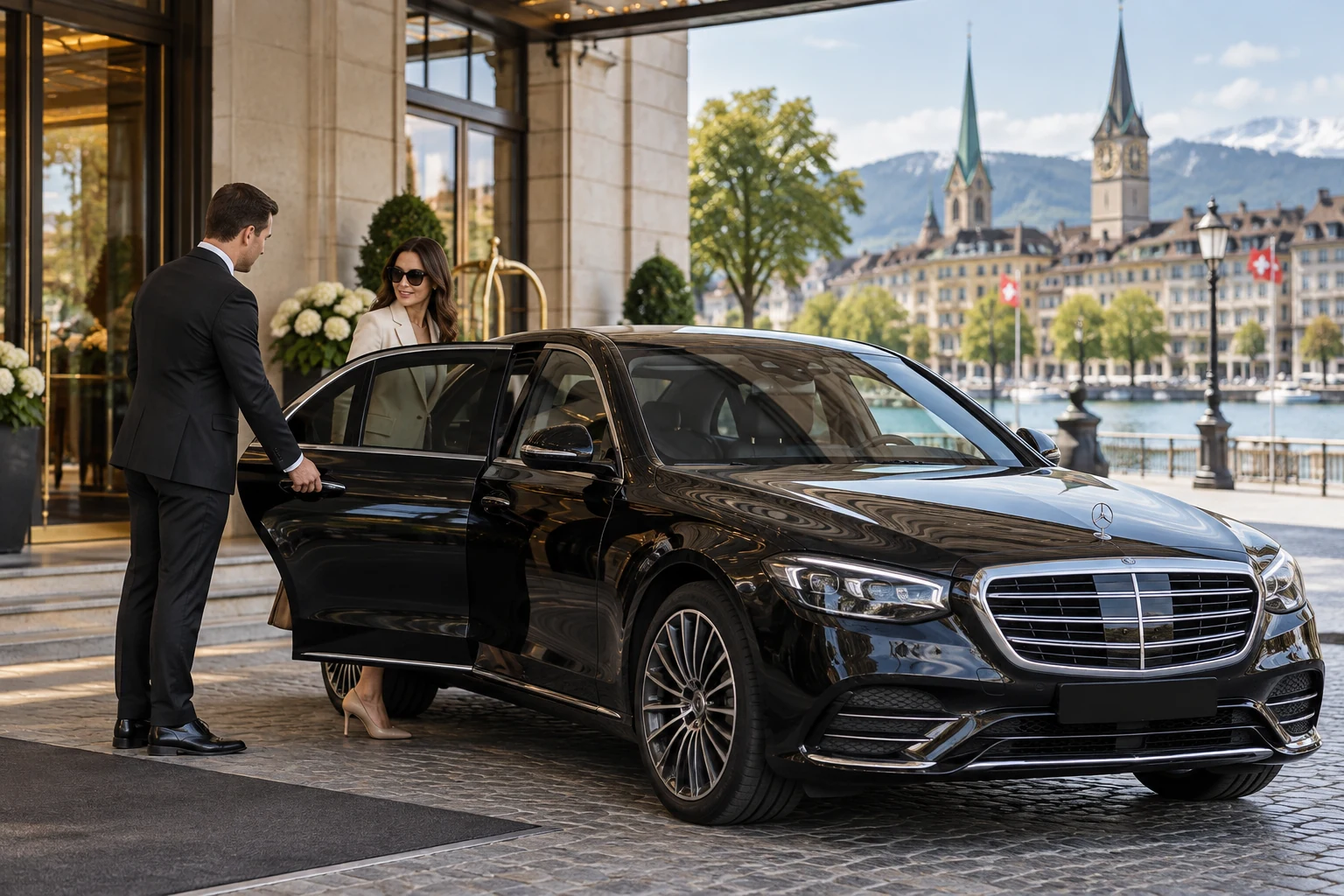 Chauffeur opening the door of a Mercedes-Benz for a passenger in Zurich